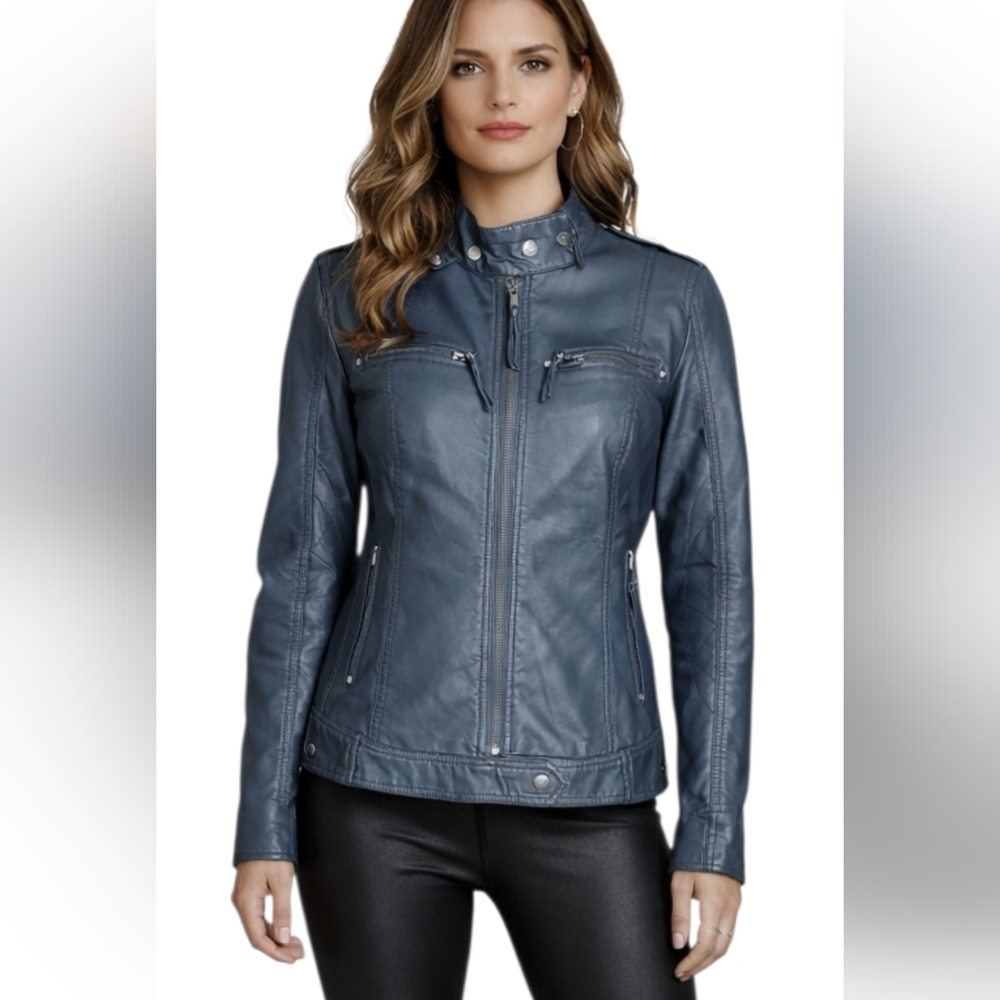 Black Rivet Blue Faux Leather Moto Jacket Small
